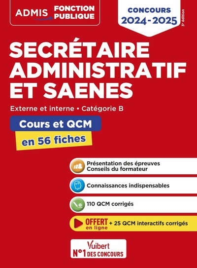 Concours Secrétaire Administratif Et Saenes - Catégorie B - Cours Et Qcm En 56 Fiches, Concours 2024-2025