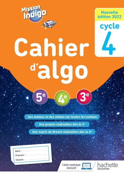 Mission Indigo - Cahier D'Algo Cycle 4 - Ed. 2022