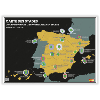 Carte des Stades de Foot du Championnat d’Espagne LaLiga EA Sports : Saison 2023-2024 - 50x70cm