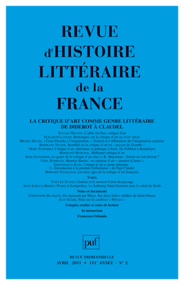 Revue d'histoire littéraire de la France N° 2, Avril-juin 201 Volume 2011