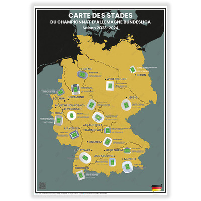 Carte des Stades de Foot du Championnat d’Allemagne Bundesliga : Saison 2023-2024 - Affiche 50x70cm